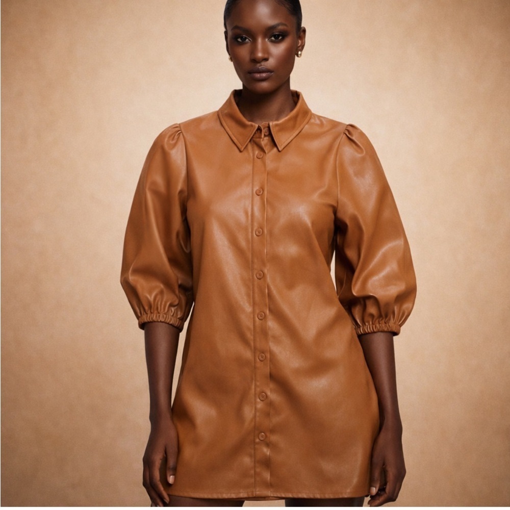 Dolce Cabo Camel Faux Leather Shirt Dress Puff Sleeve Button Front S